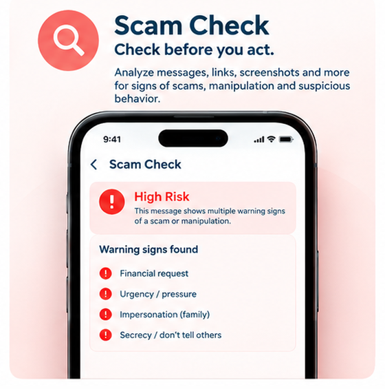 AI Scam Check flagging a suspicious message as High Risk, listing the warning signs it found